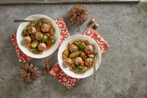 Prep+Pared Turkey Stuffing Meatballs with Brussels Sprouts + Sweet Potatoes Perspective: top