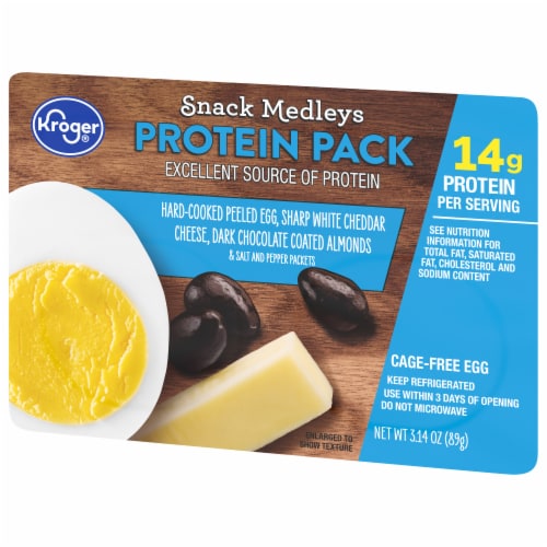Kroger® Peeled Egg White Cheddar Cheese Dark Chocolate Almonds Protein Snack Kit Perspective: top