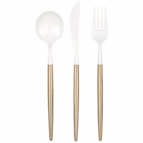 Unique® Party™ Two Tone Plastic Cutlery Set - Gold/White Perspective: top