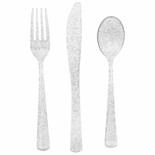 Unique® Party!™ Silver Glitter Plastic Cutlery Assortment Perspective: top