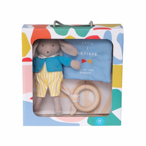 Manhattan Toy Petit Artiste Bunny Doll, Soft Book, and Wooden Teether Baby Soothing Gift Set Perspective: top