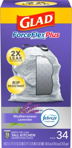 Glad ForceFlexPlus Tall Kitchen Drawstring Lavender with Febreze Trash Bags Perspective: top