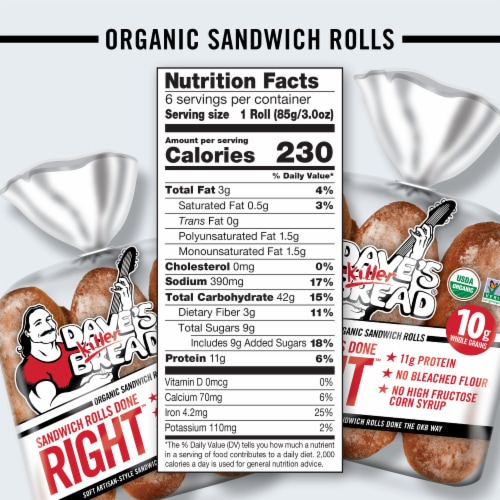 Dave's Killer Bread Sandwich Rolls Done Right, Organic White Bread Sandwich Rolls, 6 Count Perspective: top