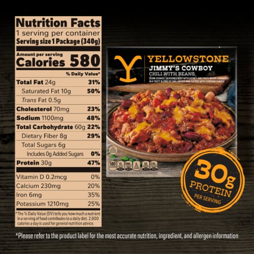 Yellowstone Jimmy’s Cowboy Chili with Beans Slow-cooked Seasoned Beef Topped with Cheddar Cheese Perspective: top