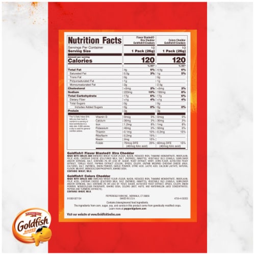 Goldfish Dynamic Duo Variety Pack Colors Cheddar & Flavor Blasted Xtra Cheddar Snack Packs Perspective: top