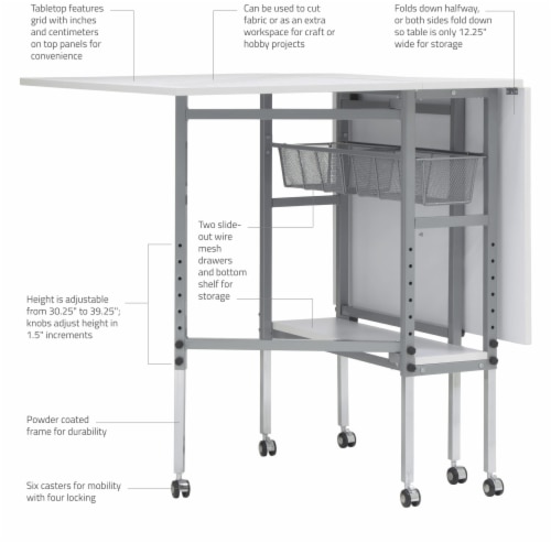 SD Studio Designs Cutting Table with Sewing Board Grid, Guides Top & Storage - Silver/White Perspective: top