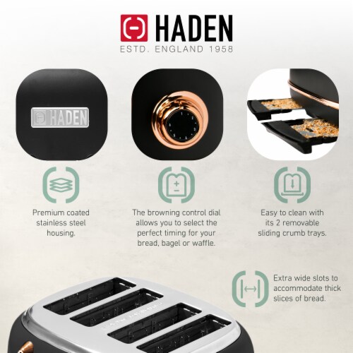 Haden Heritage 4 Slice Wide Slot Stainless Steel Toaster, Black & Copper Perspective: top
