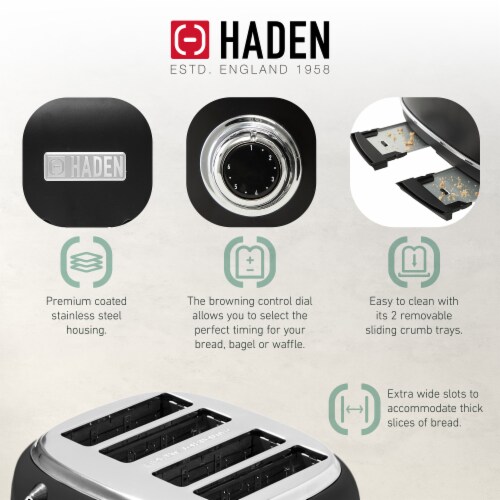 Haden Heritage 4 Slice Wide Slot Toaster with Removable Crumb Tray,  Black/Chrome, 1 Piece - Fred Meyer