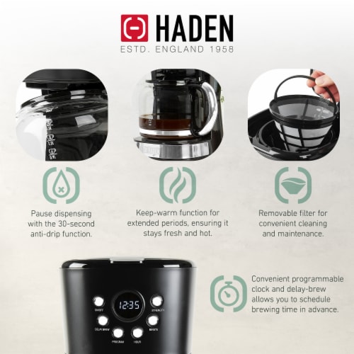 Haden Heritage 12 Cup Programmable Retro Coffee Maker Machine,  Black/Chrome, 1 Piece - Foods Co.