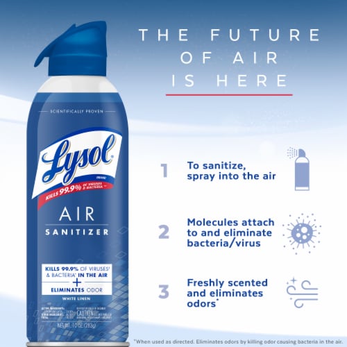 Lysol Air Sanitizing Spray, Odor Eliminating Air Freshener, White Linen, 10 oz Perspective: top