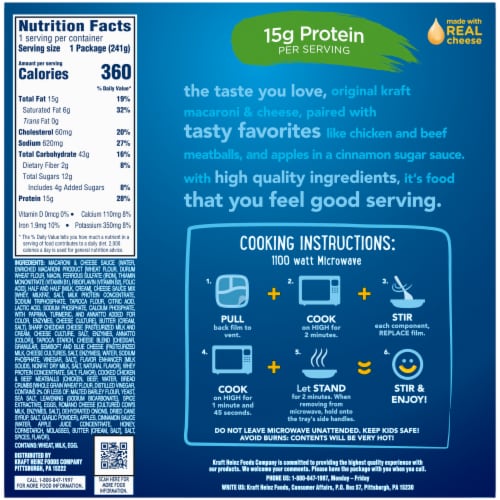 Kraft Macaroni and Cheese Kids Frozen Meal with Meatballs & Cinnamon Sugar Apples Perspective: top