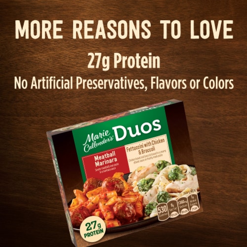 Marie Callender's Duos Meatball Marinara & Fettuccini With Chicken & Broccoli Frozen Meal Perspective: top