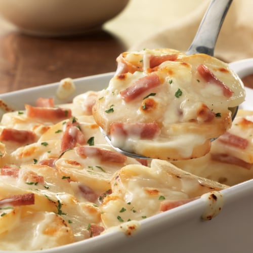 Marie Callender’S Scalloped Potatoes In A Creamy Cheese Sauce With Ham Meal To Share Frozen Meal Perspective: top