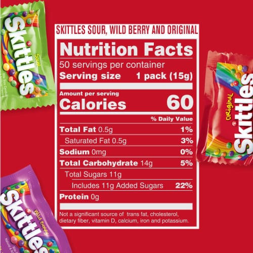 Skittles Original Wild Berry & Sour Fun Size Chewy Candy Variety Pack Party Size Bag Perspective: top