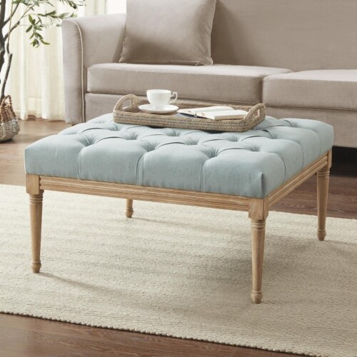 MARTHA STEWART Button Tufted Accent Ottoman with Blue Finish MT101-0171 Perspective: top