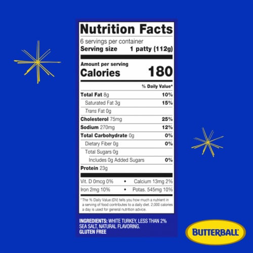 Butterball Frozen Turkey Burgers, All Natural White, 1/4 lb Patties, 6 Count/ 1.5 lbs Perspective: top