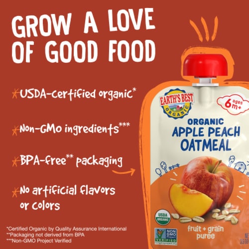 Earth's Best Organic Baby Food Pouches, 6+ Months, Fruit & Grain Puree, Apple Peach Oatmeal Perspective: top