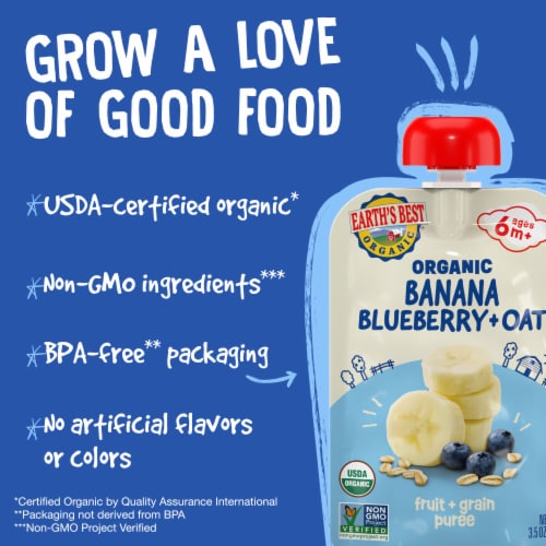 Earth's Best Organic Baby Food Pouches, 6+ Months, Fruit & Grain Puree, Banana Blueberry Oat Perspective: top