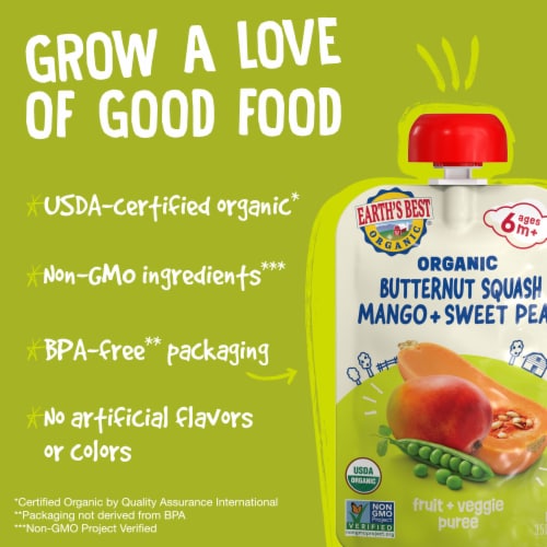 Earth's Best Organic Baby Food Pouches, 6+ Months, Butternut Squash, Sweet Peas & Mango Puree Perspective: top