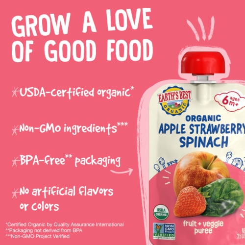 Earth's Best Organic Baby Food Pouches, 6+ Months, Fruit & Veggie Puree, Strawberry Apple Spinach Perspective: top