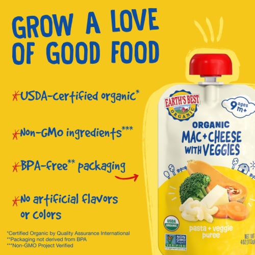Earth's Best Organic Baby Food Pouches, 9+ Months, Pasta & Veggie Puree, Mac & Cheese with Veggies Perspective: top