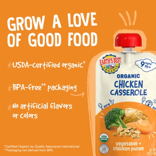 Earth's Best Organic Baby Food Pouches, 9+ Months, Chicken, Veggie, & Rice Puree, Chicken Casserole Perspective: top