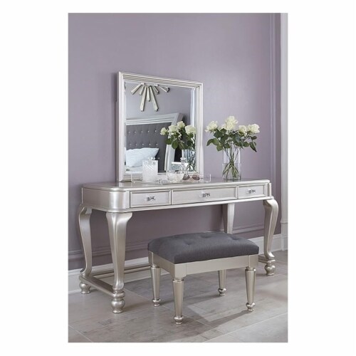 Ashley Furniture Coralayne Upholstered Wood Stool in Silver Perspective: top