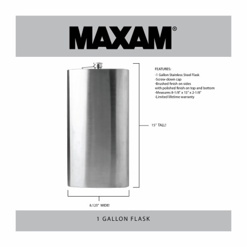 Maxam Stainless Steel Flask Extra Large Drinking Flask Polished Silver 1 Gallon Capacity Perspective: top