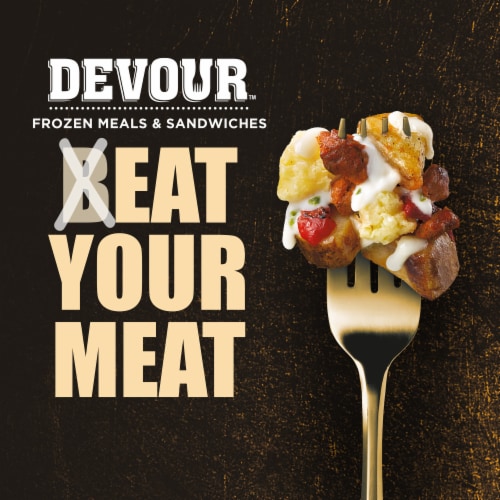 DEVOUR All Day Breakfast Spicy Chorizo Queso Hash with Jalapeno Queso Sauce & Mozzarella Cheese Meal Perspective: top