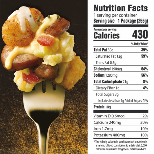 DEVOUR All Day Breakfast Double Sausage & Smoked Bacon Loaded Tater Tots Frozen Meal Perspective: top