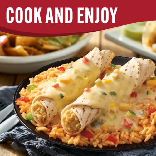 Smart Ones Chicken Enchiladas Suiza with Zesty Light Sour Cream Green Chile Sauce & Spanish Rice Perspective: top