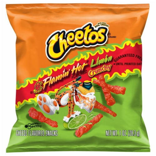 Cheetos Crunchy Cheese Flavored Snacks Flamin' Hot Limon Flavored 1 Oz Perspective: top