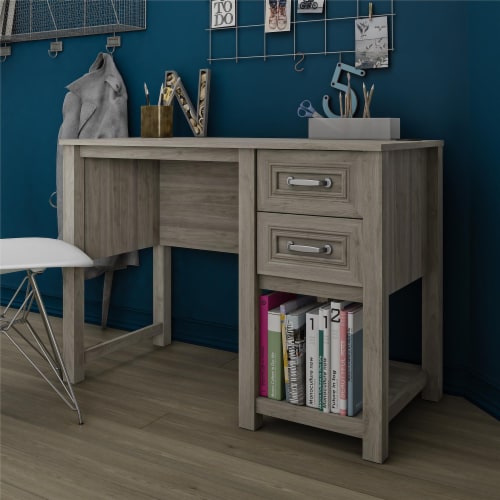 Sierra Ridge Levi Single Pedestal Kids’ Desk, Light Walnut Perspective: top