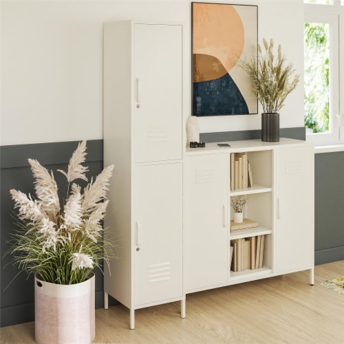 RealRooms Shadwick 2 Door Tall Metal Locker Style Storage Cabinet-Mesh Metal Doors, Soft White