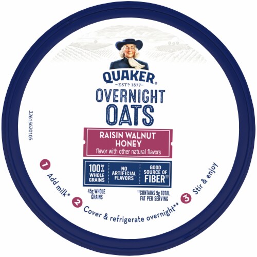 Quaker Overnight Oats Raisin Walnut Honey Chilled Oatmeal Breakfast Cup Perspective: top