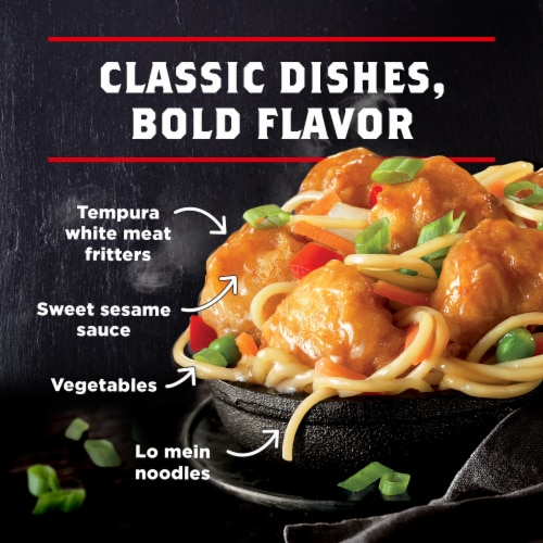 Banquet Mega Bowls Sesame Chicken Lo Mein Frozen Meal Perspective: top