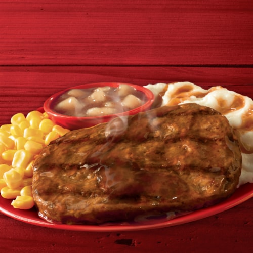 Banquet Salisbury Steak With Creamy Mashed Potatoes And Cinnamon Apple Dessert Frozen Meal Perspective: top