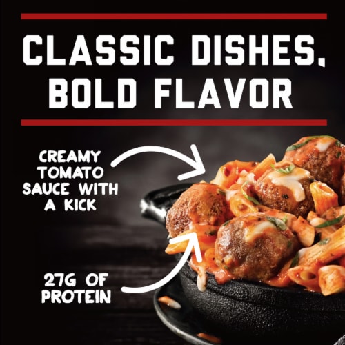 Banquet Mega Bowls Dynamite Penne And Meatballs Frozen Meal Perspective: top