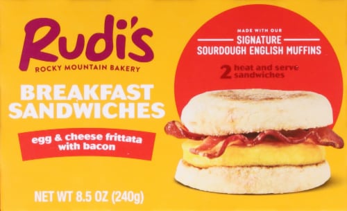 Rudi's Egg & Cheese Frittata with Bacon on Sourdough English Muffin Breakfast Sandwiches Perspective: top