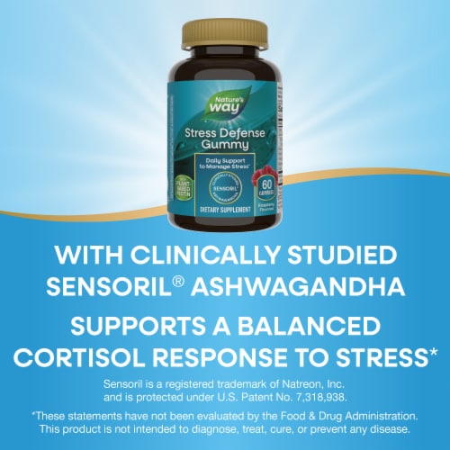 Nature's Way Stress Defense With Sensoril Ashwagandha Vitamins B6 C D3 Raspberry Flavored Gummies Perspective: top