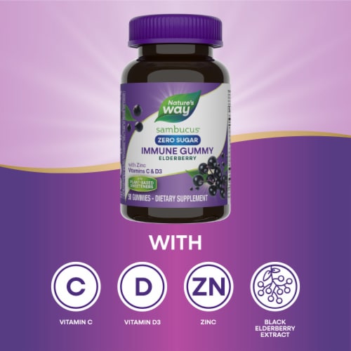 Nature’s Way Sambucus Zero Sugar Immune Black Elderberry Extract Vitamin C D3 Zinc Gummies Perspective: top