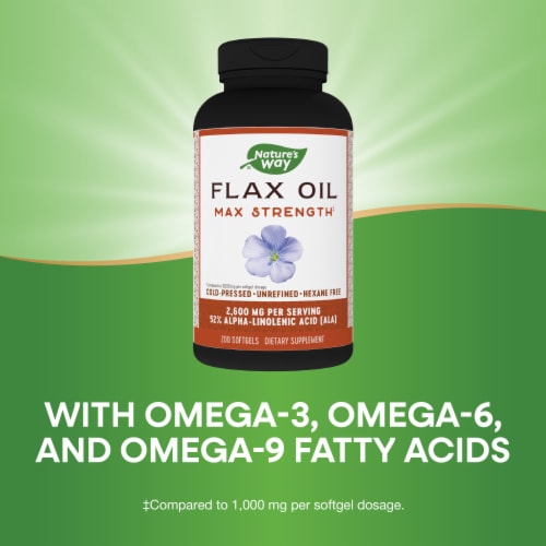Nature’s Way Flax Oil Max Strength With ALA Cold Pressed Softgels 2600 mg Per 2 Softgel Serving Perspective: top