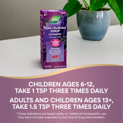Nature's Way Cold + Flu Relief Elderberry Umcka Alpha CF Berry Flavored Syrup Perspective: top