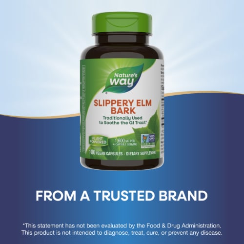Nature's Way Slippery Elm Bark Traditionally Soothes GI Tract 1600 mg Per 4 Capsule Serving Perspective: top