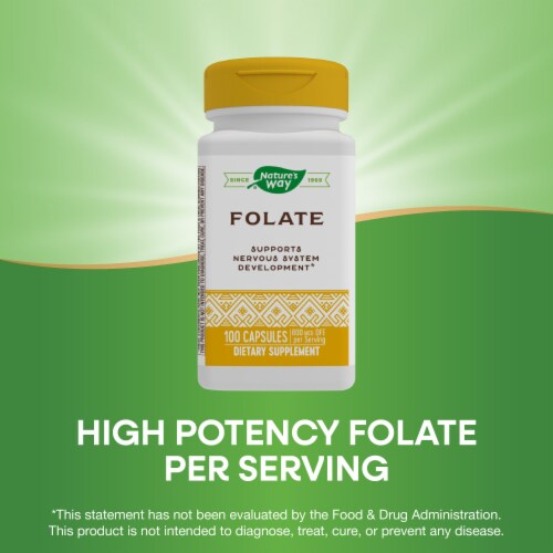 Nature's Way Folate Supports Nervous System Development Capsules 800 mcg Per Serving Perspective: top