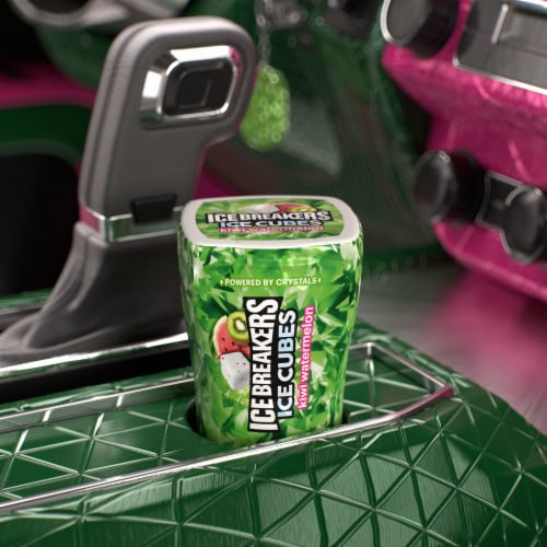 ICE BREAKERS Ice Cubes Kiwi Watermelon Flavored Sugar Free Chewing Gum Bottle Perspective: top