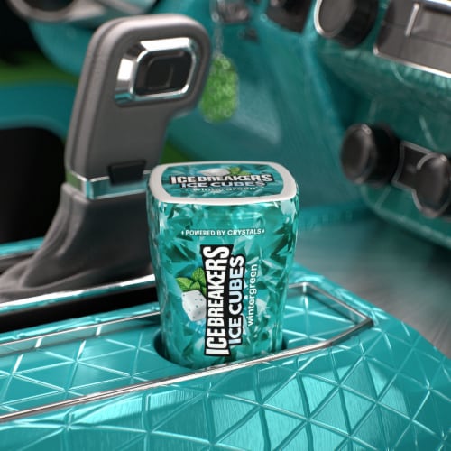 ICE BREAKERS ICE CUBES Wintergreen Flavored Sugar Free Chewing Gum Bottle Perspective: top