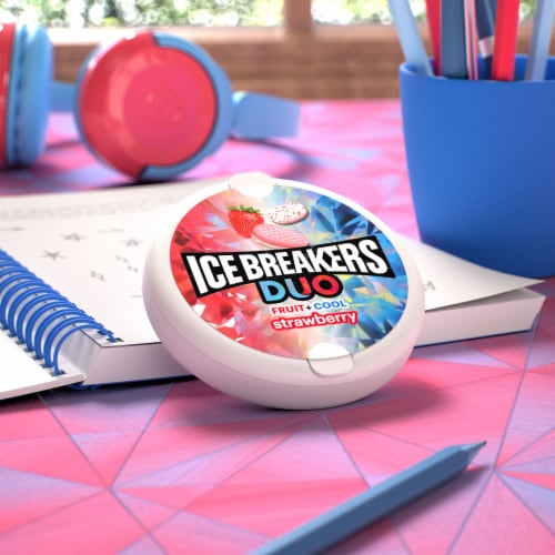 ICE BREAKERS Duo Fruit Plus Cool Strawberry Sugar Free Mints Tin Perspective: top