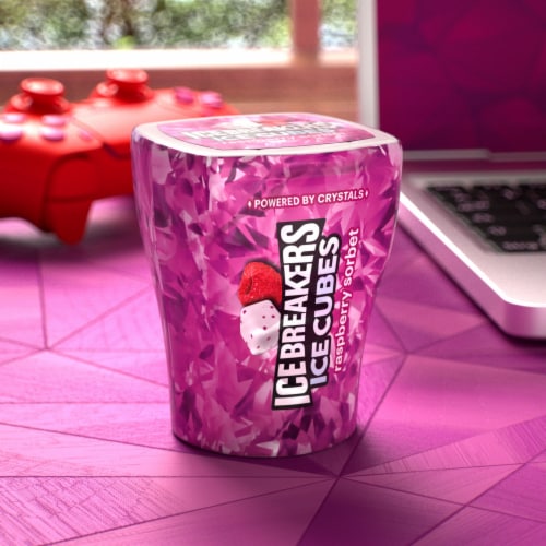 ICE BREAKERS Ice Cubes Raspberry Sorbet Flavored Sugar Free Chewing Gum Bottle Perspective: top