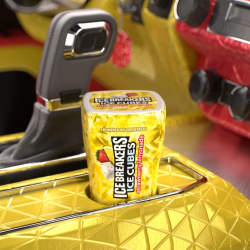 ICE BREAKERS Ice Cubes Strawberry Lemonade Flavored Sugar Free Chewing Gum Bottle Perspective: top